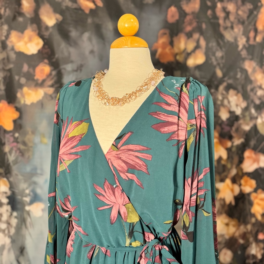 Women's Teal Floral Faux Wrap Maxi Dress - Pink Floral Print - Picture 3 of 8